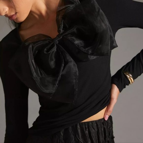 Anthropologie Sunday in Brooklyn Black Ribbed Bow Top Women’s Size Medium - Picture 2 of 14